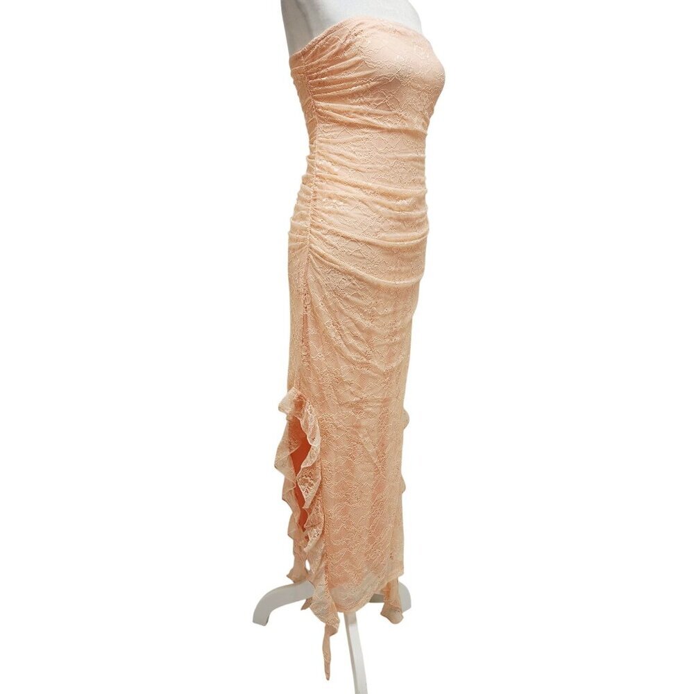 Strapless Peach Lace Midi Dress With Ruched Details & Ruffle Hem Size S - Picture 7 of 12